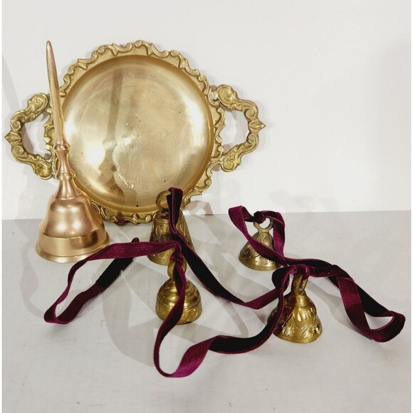 Brass Bells Hand String Plate Lot Vtg Made in India Etched MCM Decor Purple - Picture 1 of 16